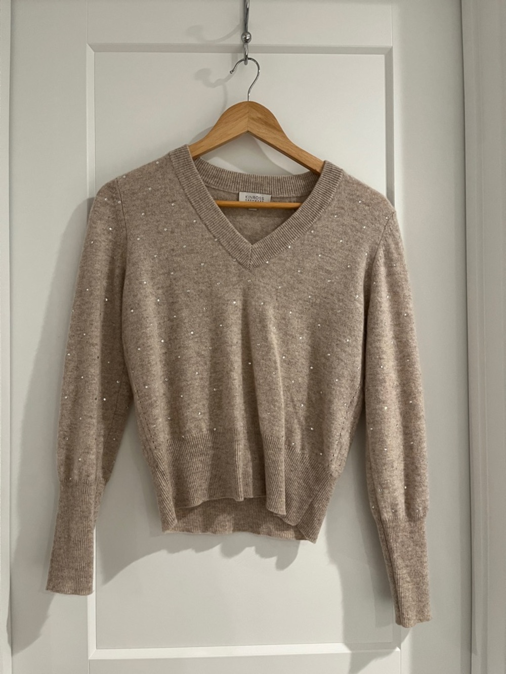 Embroidered Pearl V-Neck Sweater - Taupe
